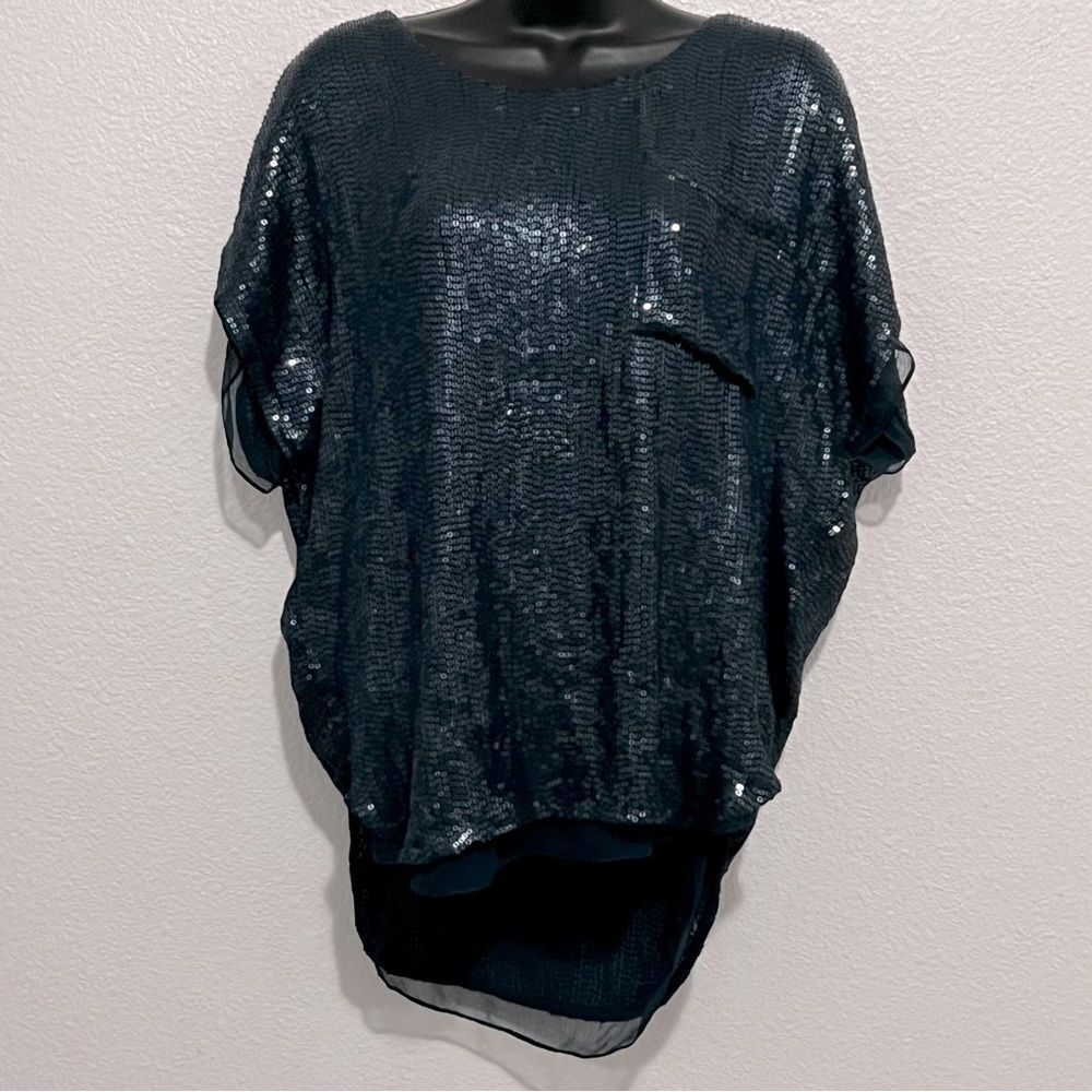 Joie silk & sequin Navy Drop Shoulder Pocket tunic Short Sleeve Oversize top XS